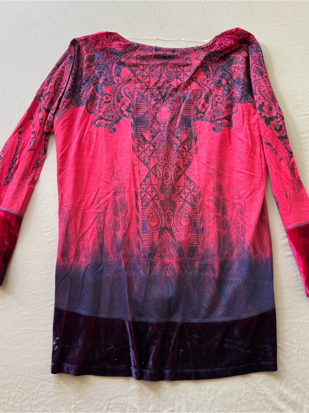 Y2K One World Velvet Mosaic Print Tunic Top - Picture 3 of 6